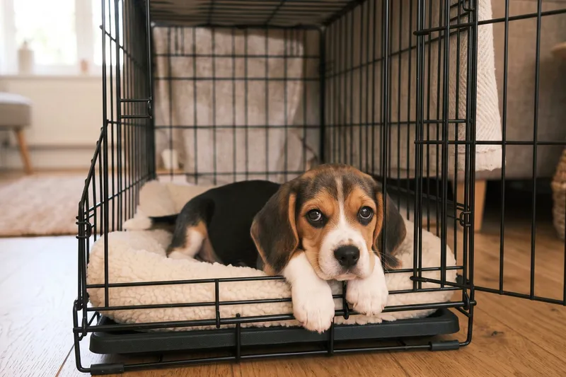A beagle puppy resting on a soft bed inside a wire crate