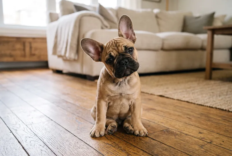 A fawn French bulldog puppy looking up at the camera