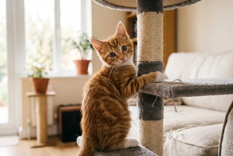 An orange tabby kitten climbing a small cat tree