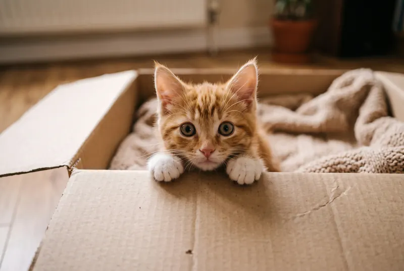 An orange tabby kitten peering out of a cardboard box