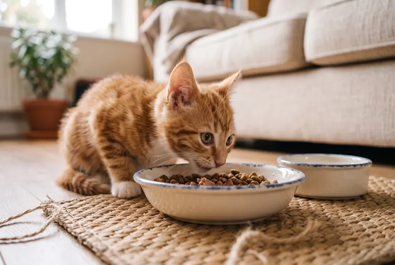An orange tabby kitten eating from a shallow ceramic bowl