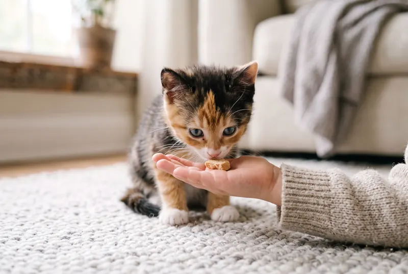 A calico kitten sniffing a treat in a child's open hand