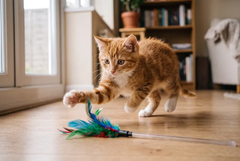 An orange tabby kitten pouncing on a feather wand toy