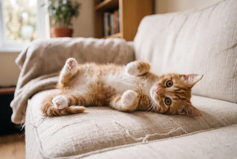 An orange tabby kitten sprawled on its back on a sofa