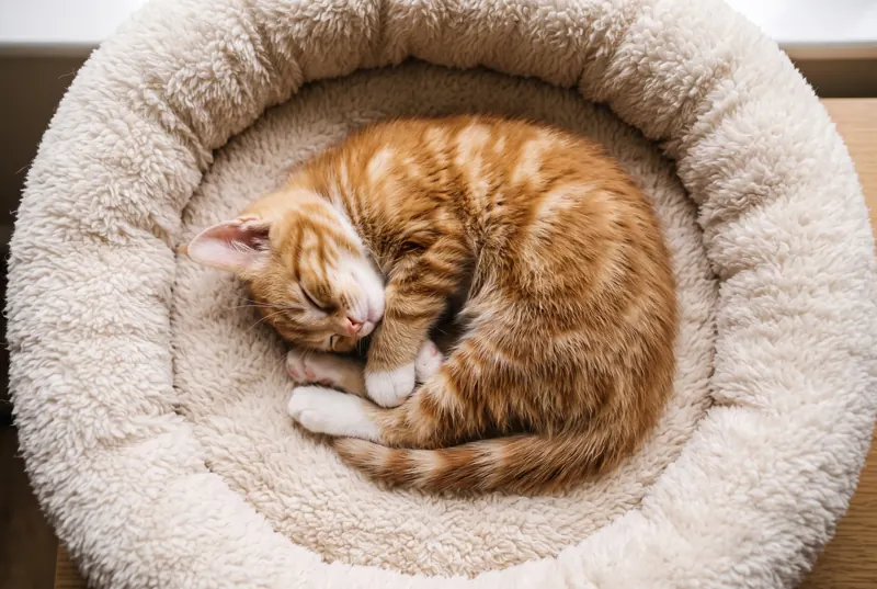 An orange tabby kitten curled asleep in a round bed, seen from above