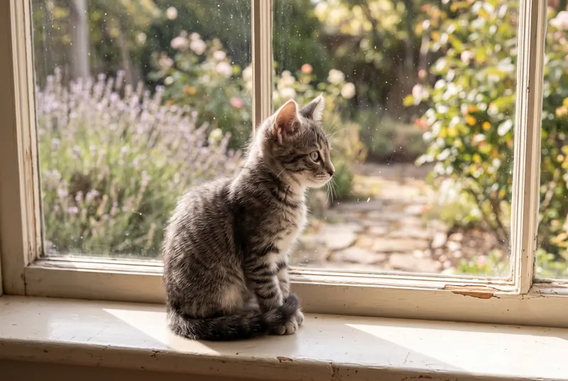 A grey tabby kitten sitting on a sunny window sill