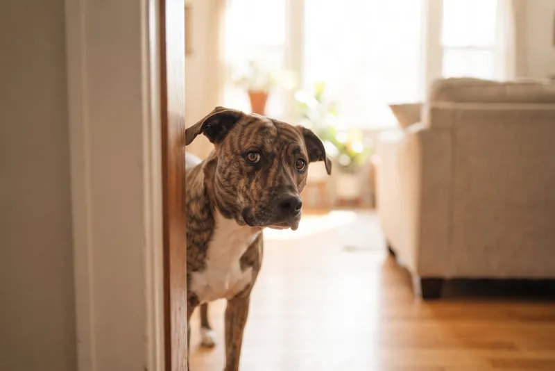 A brindle and white rescue dog peeking around a doorway