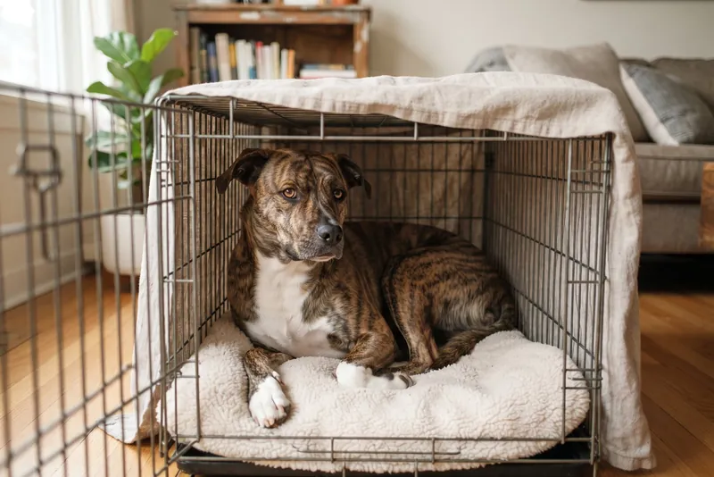 A brindle rescue dog resting in a covered crate with the door open