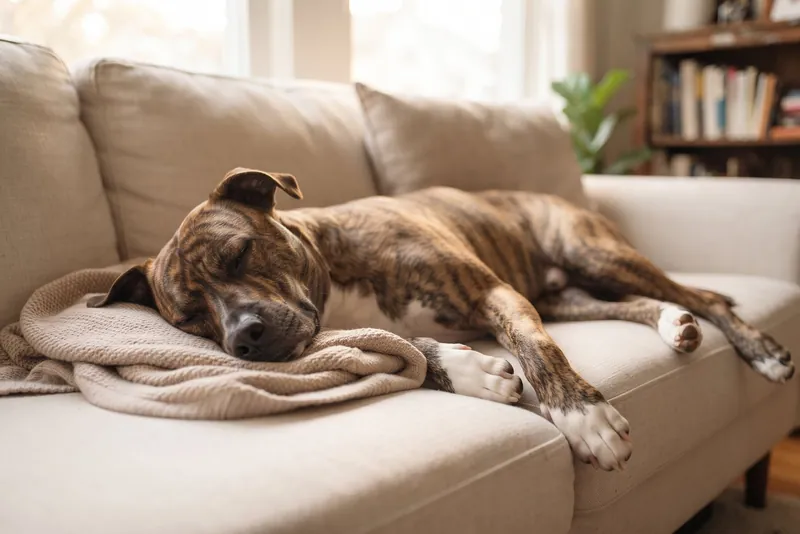 A brindle rescue dog asleep and stretched out on a sofa