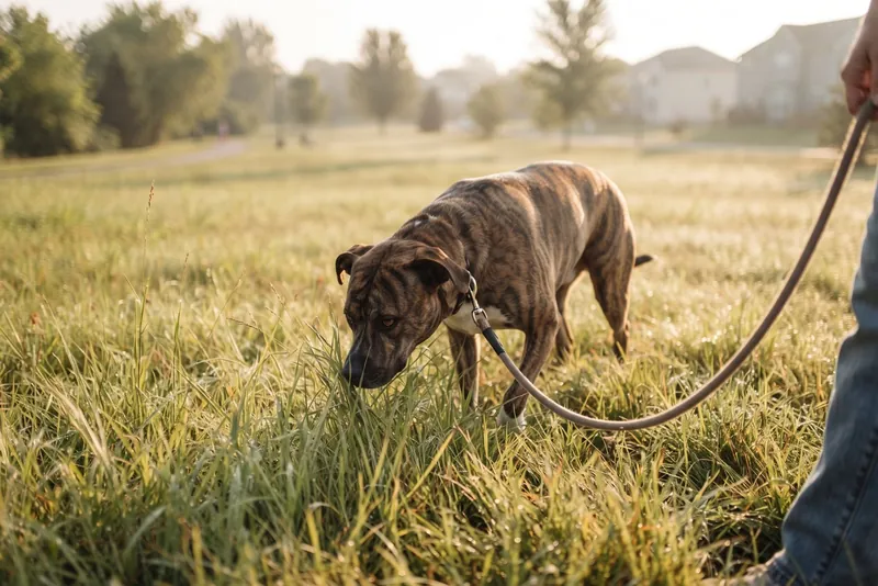 A rescue dog sniffing tall grass on a long loose leash