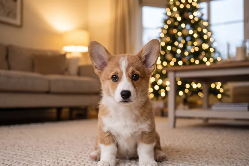 A red and white Corgi puppy sitting on a rug in front of a softly lit Christmas tree