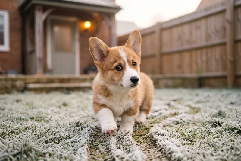 A Corgi puppy trotting across frosty grass in a back garden